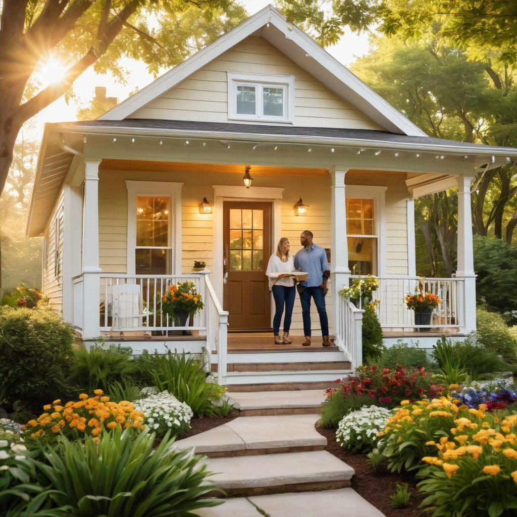 A cozy, modern home with a welcoming front porch surrounded by lush greenery, showcasing a diverse couple joyfully discussing property options with a seasoned realtor. The scene conveys warmth and excitement, with open house signs and vibrant flowers in the foreground. Golden sunlight filters through the trees, casting a soft glow on the happy interactions. super-realistic. vibrant colors. warm atmosphere.