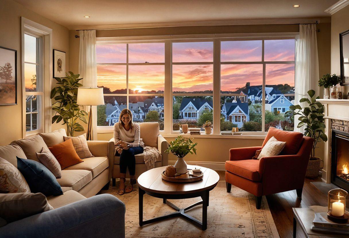 A cozy, heartwarming living room with a couple joyfully discussing home ownership plans, surrounded by housewarming gifts, houseplants, and blueprints. In the background, a window reveals a sunset over a charming neighborhood. The scene is inviting and romantic, encapsulating the journey of finding a dream home together. super-realistic. warm colors. soft lighting.